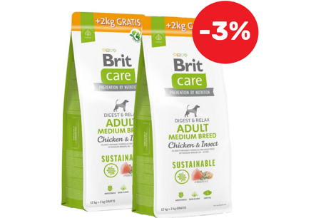 BRIT CARE Dog Sustainable Adult Medium Breed Chicken & Insect 2x12kg+2kg -3%