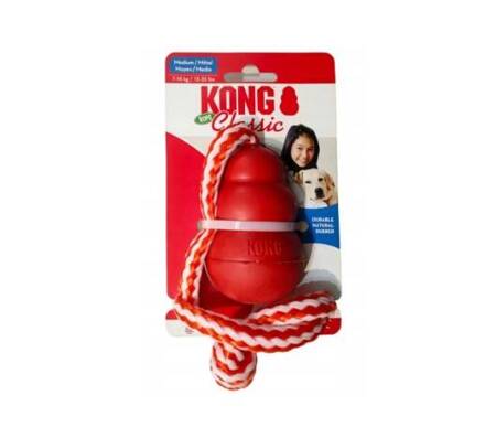 KONG® Classic with Rope - gumová hračka pre psov s lanom, červená