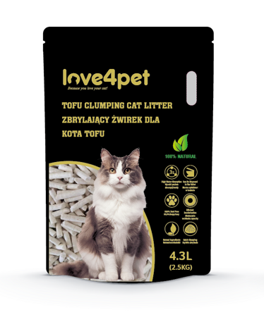 Love4pet super hrudkujúca tofu podstielka 2,5 kg 4,3 l pre mačky