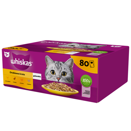 WHISKAS Adult sáčok 80 x 85 g Hydinové kúsky - vlhké krmivo pre dospelé mačky v želé (kúsky s: kuracím, kačacím, hydinovým, morčacím mäsom)